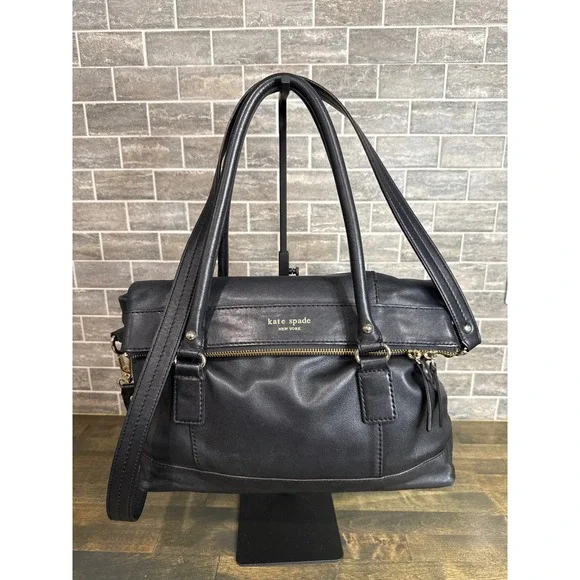 Kate Spade New York Black Leather Satchel Bag Gold Hardware Crossbody Strap