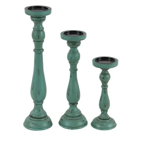 Pier 1 Imports Traditional Turquoise Wood Set of 3 Candle Holders