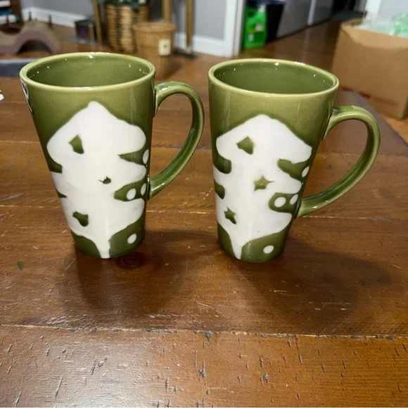 Pier 1 Green and White Mugs set of 2
