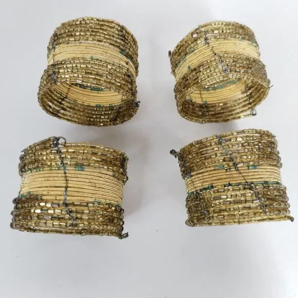 Pier One Set Of‎ 4 Beaded Napkin Rings Beautiful Green And Gold Metal Beads