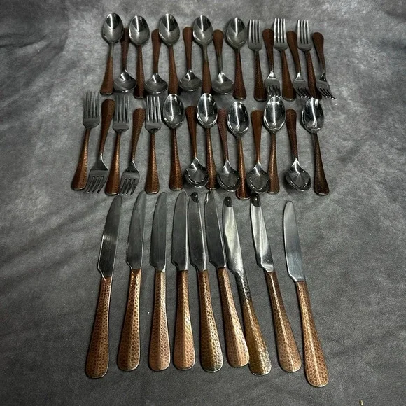 Pier 1 Hammered Copper Finish Flatware Set Spoons Knives Forks 38 Piece Set