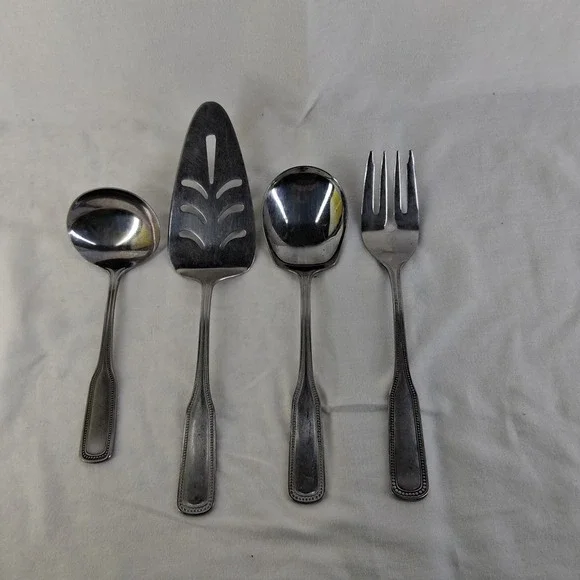 4 PCS Stainless By Salem Japan Beaded Serving Fork, Spoon,‎ Ladle, Cake Server