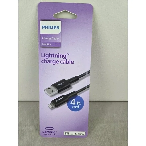 Philips Lightning to USB-A Charge Cable 4ft Black MFi Certified DLC4104V/37 NEW