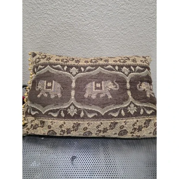 Pier One Tan Brown Elephant Decorative Pillow Beaded Sides 17