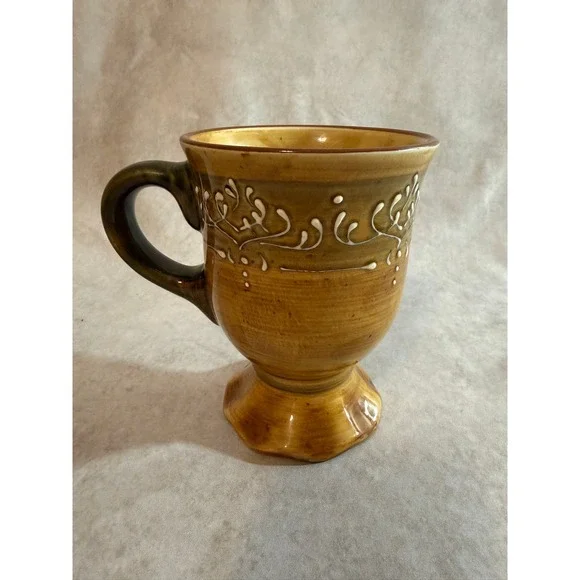 Pier 1 P1 Ceramic Pedestal Mug Brown Glazed Scrollwork‎ Footed Coffee Cup