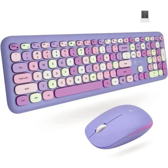 Colorful Keyboard and Mouse Combo - 2.4G Wireless Aesthetic Purple Keyboard