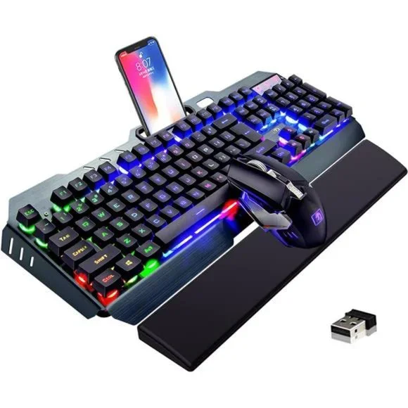 Wireless Keyboard & Mouse Combo,Rainbow Backlit Gaming Keyboard with Memory Foam