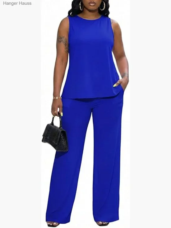 Women's 2 Piece Lounge Set Sleeveless Matching Outfits Wide Leg Pants with