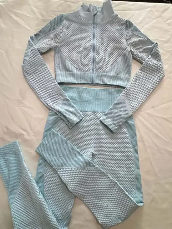 Textured Seamless Activewear Set Sky Blue Gym Yoga Lounge Matching