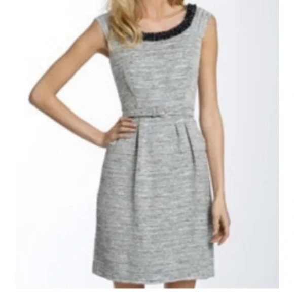 Kate Spade New York Beaded Neck Tweed Fit & Flare Dress Navy White Size 10