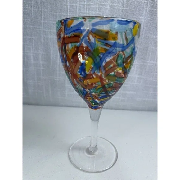 Vntg Pier 1 Imports Multicolor Confetti Hand Blown Art Glass Goblets 8
