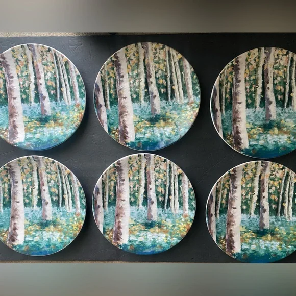 Pier 1 Ironstone Birch Tree Forest Appetizer Salad Dessert Plates set of 6
