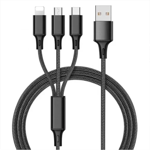 Black 3 In 1 Fast Usb Charging Cable for iPhone, Android Type C and Micro USB