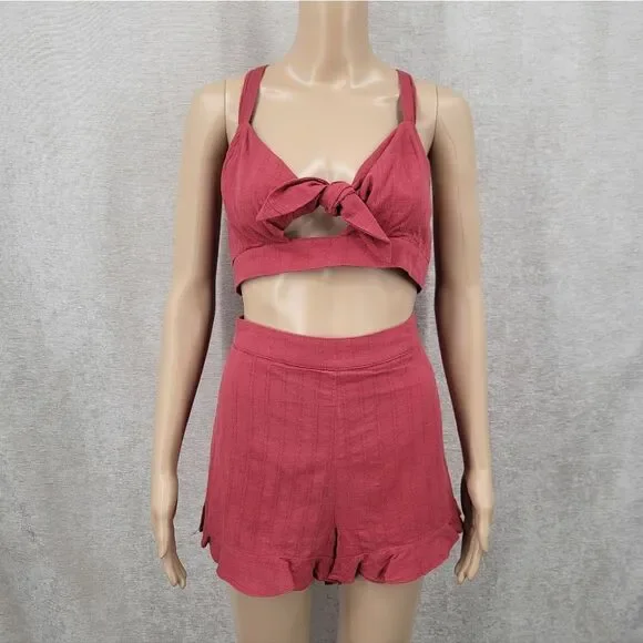 Cotton Red Two-Piece Knotted Tie Front Crop Top and Shorts Matching Set