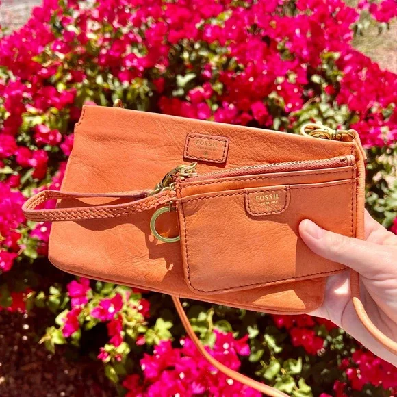 Fossil Terracotta Leather Crossbody Bag and Matching Card Case Set Boho EUC