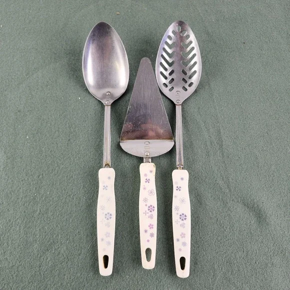 Vintage EKCO USA Stainless Steel Serving Utensils - White & Purple Handle