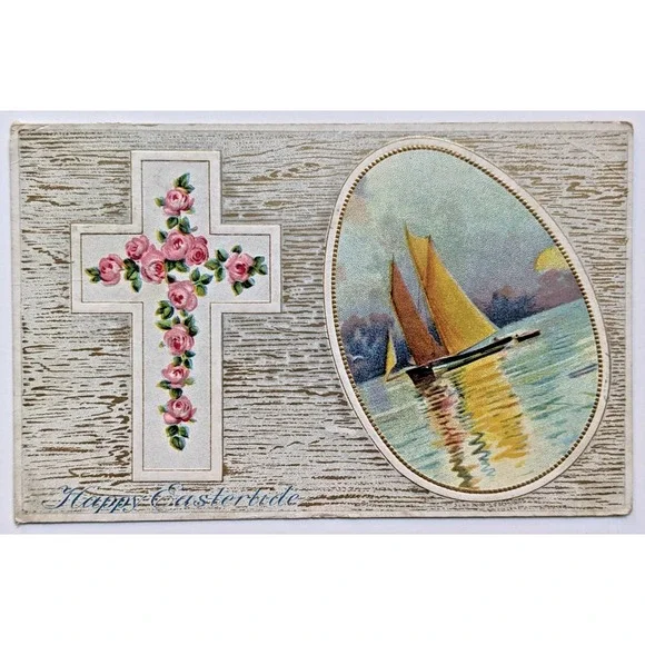 Antique Easter Greetings Floral Rose Cross Sailboat Nautical Egg c1910s Postcard
