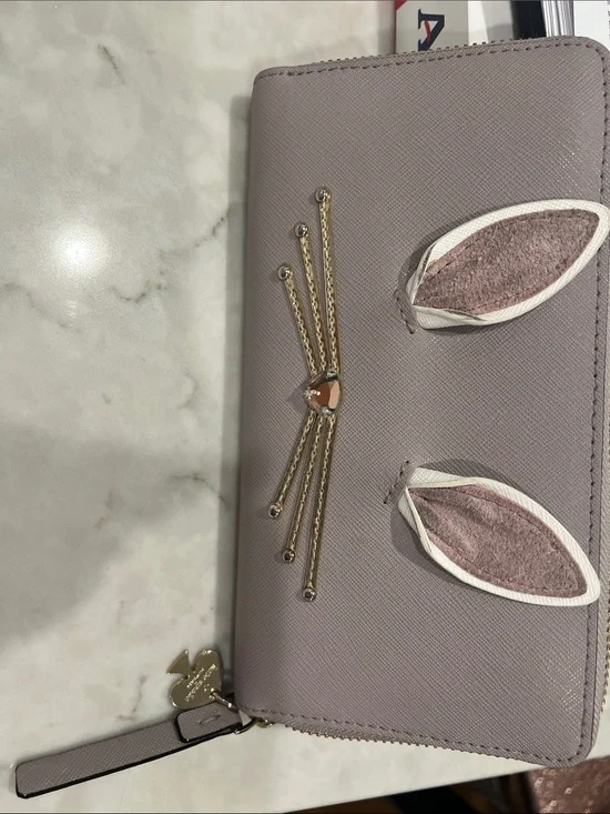 Kate Spade Hop To It Bunny Rabbit Zip Around Wallet Gray Lilac