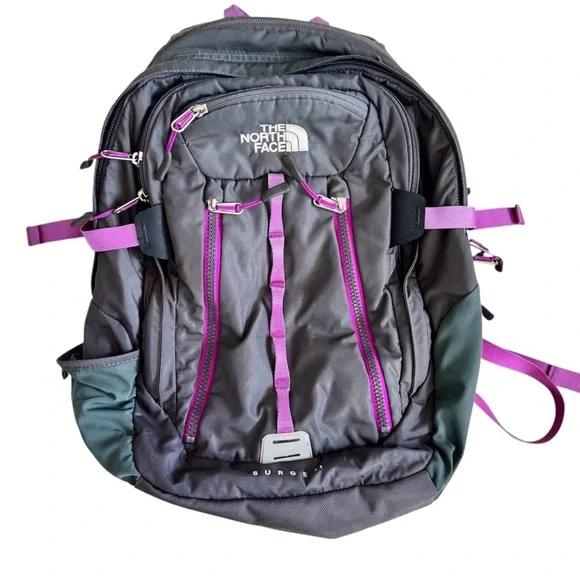 North Face Surge II Backpack Hike Camp Outdoors School laptop bag Gray Purple