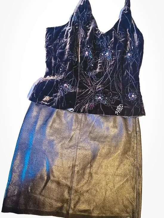 Worth Women’s Leather Mini Skirt & Velvet Top Set – Purple Designer Match