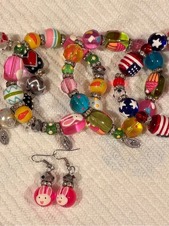 Glass Bead Stretch Bracelet Set with Matching Earrings