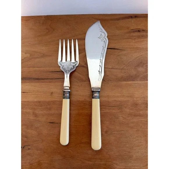 Antique HH EPNS Engraved Fish Serving Set with Faux‎ Bone Handles