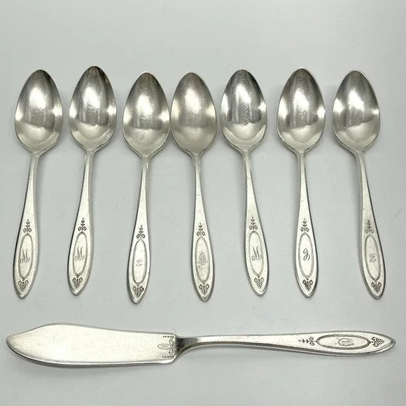 Vtg 1917 Oneida Community Plate Adam Pattern 6 Teaspoons & Butter Knife Monogram