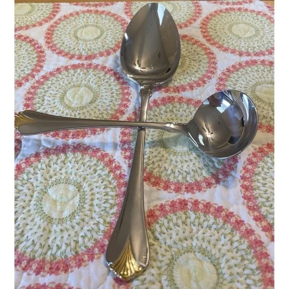 Yamazaki Cara Serving Spoon Ladle Gold Accent Stainless Japan Flatware‎ 2 Piece