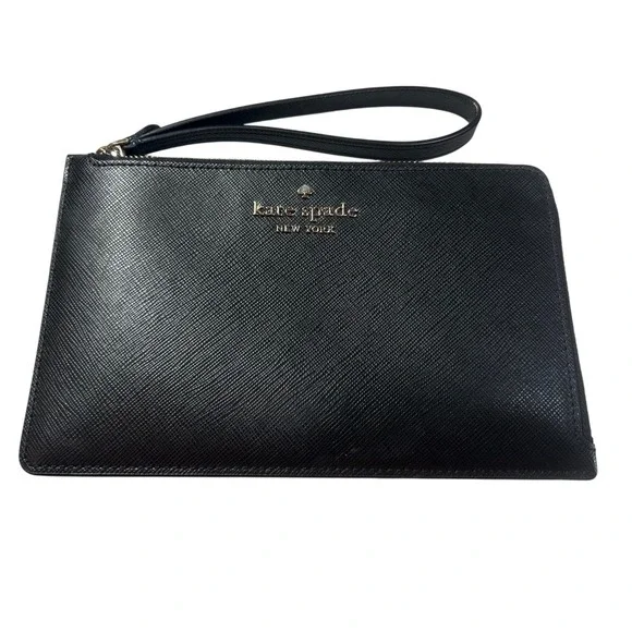 Kate Spade New York Black Saffiano Leather Wristlet Pouch Gold Hardware Zipper