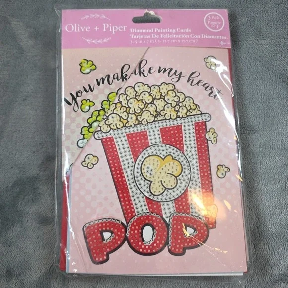 Party Ideas Valentines OLIVE+PIPER 3 Pack‎ Diamond Painting Cards Popcorn