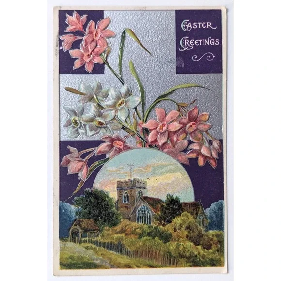 Easter Greeting Silver Cross Pink Flowers Church Inset Embossed c1910s Postcard‎