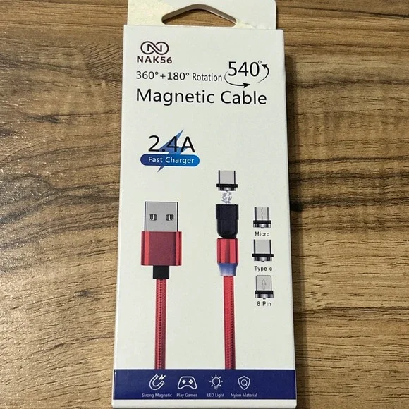 NAK56 Magnetic Charging Cable 2.4A Fast‎ Charger 540 Degree Rotation Black Nylon