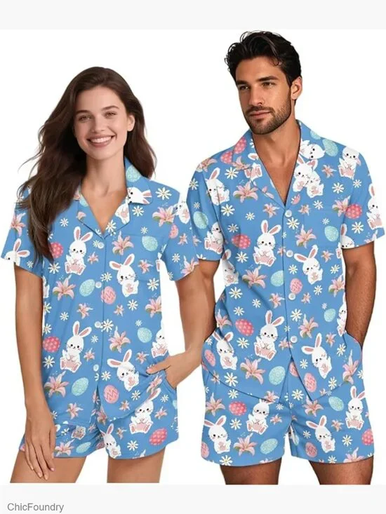 Couples Pajamas Matching Sets Button Down Short Sleeve Loungewear