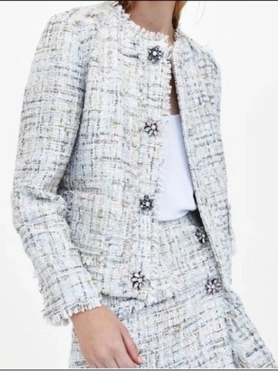 Zara Tweed Skirt Suit Matching Set with Decorative Flower Buttons XS