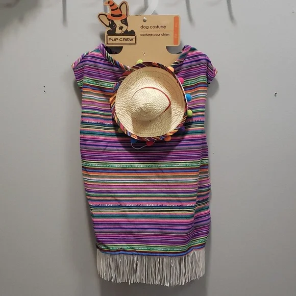 Pup Crew NWT Dog Apparel Multicolor Striped Serape and Sombrero