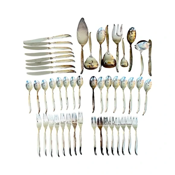 1956 Roger Bros. Silver Plate Service For 8 and Serving Ware in Flair Pattern