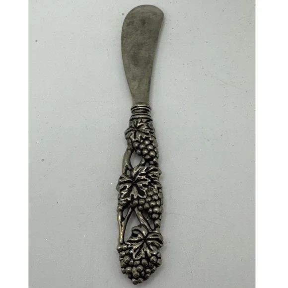 Vintage Silver Tone Grape Vine Handle Butter Spreader Cheese Knife 5.25 Inch