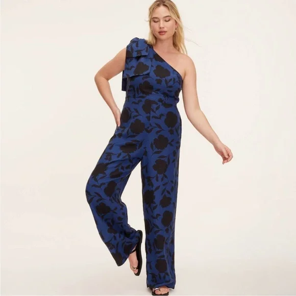 Kate Spade NWT Blue Black Floral One-Shoulder Jumpsuit, Women’s Sz 6 Sz 10