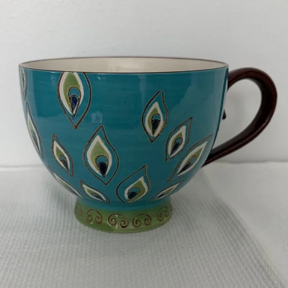 PIER 1 Dolomite Peacock Feather Hand Painted Mug Cup
