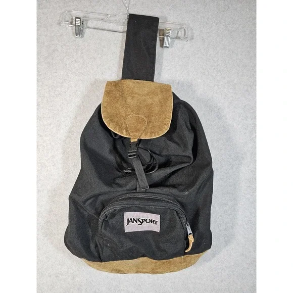 Vintage Jansport Sling Top Load Black Leather Bottom Backpack Large Sz USA Made