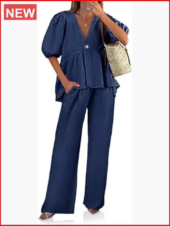 2 Piece Linen Sets V Neck Puff Sleeve Babydoll Top Wide Leg Pants Matching Sets