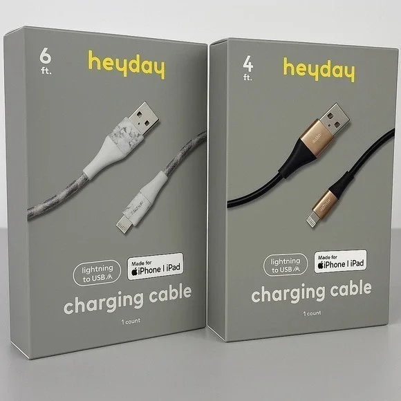 Heyday Lightning to USB-A Charging Cables Lot 6ft Marble + 4ft‎ Black – New