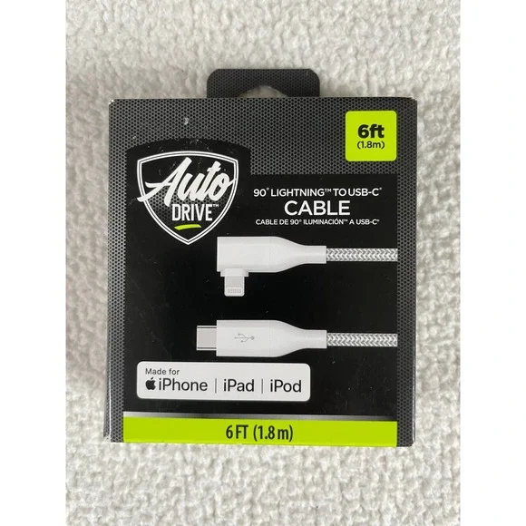 Auto Drive 6ft Charging Cable Silver 90‎ Degree 8 pin connector to USB-C Braided