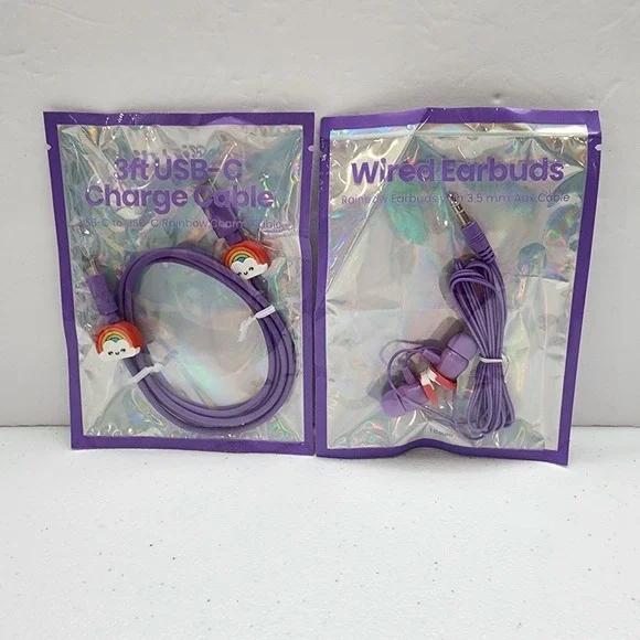 Purple Wired Earbuds 3.5 Aux Cable/ 3ft USB-C Charge Cable Rainbow Charms New