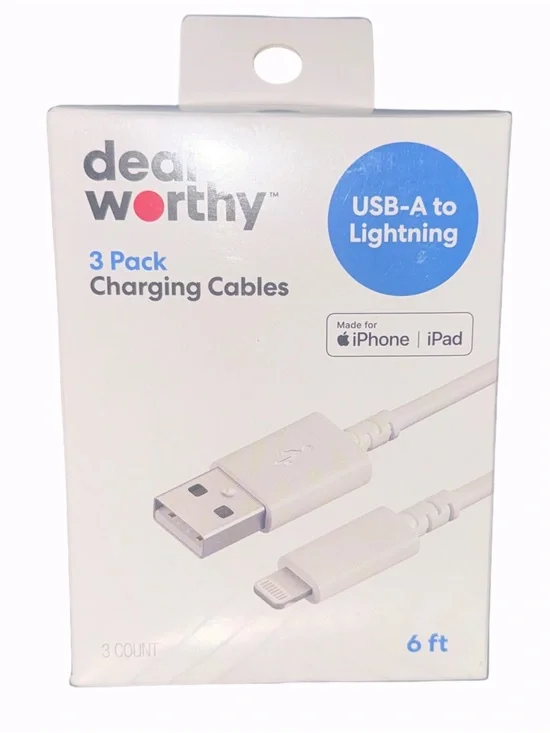 USB-A to Lightning Charging Cables 3-Pack - White, 6 ft New in Box