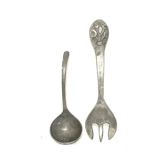 Vintage Aluminum Silver Salad Serving Fork & Spoon Set Oversized
