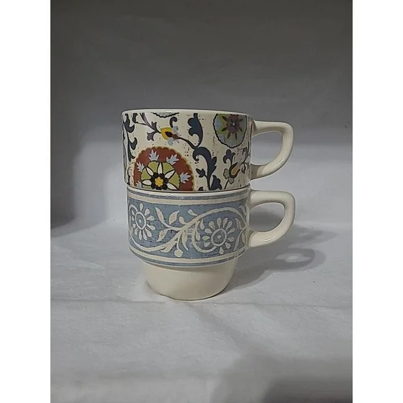 Pier 1 Stacking Scroll Stoneware Coffee Tea Mugs Set of 2