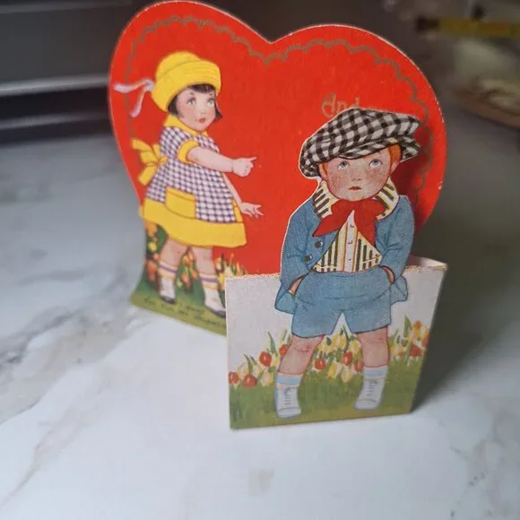 Vintage Valentine‎ Card Kids Dog Pop-Up Heart Cutout Dog Love Kids Boy Girl