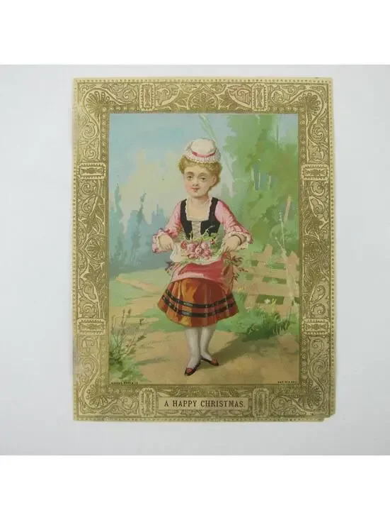 Victorian Christmas Card Girl Holds Pink Flowers Poem Embossed Marcus Ward & Co