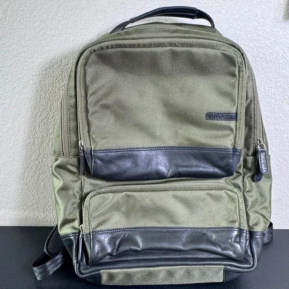 Boconi Olive Green Ballistic Nylon Leather Trim Laptop Backpack Professional Bag